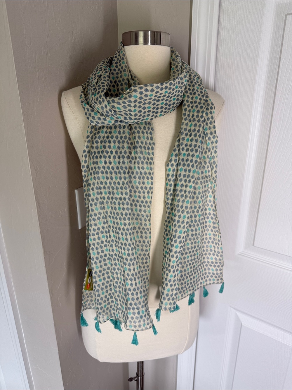 Rock Flower Paper turquoise, blue, and ivory print cotton scarf with tassels